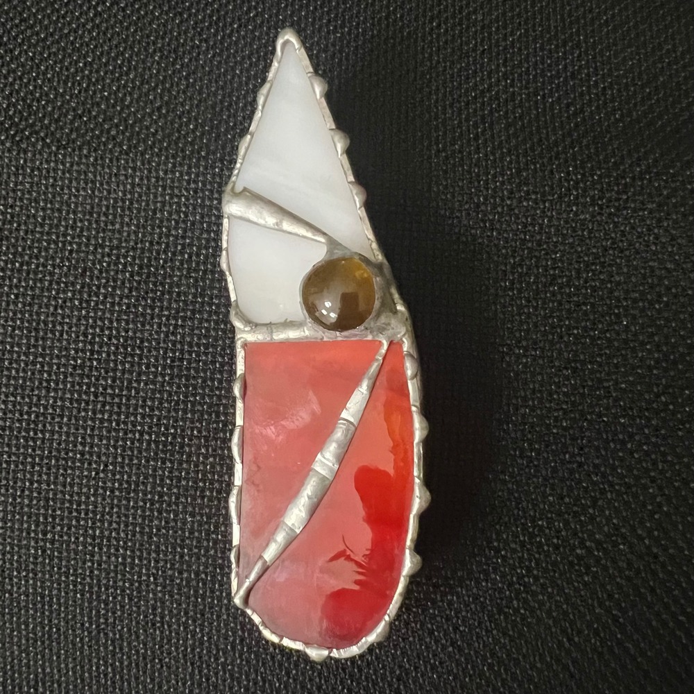 Handmade Stained Glass Brooch Pin Red White Abstract Geometric 3" Artisan Core